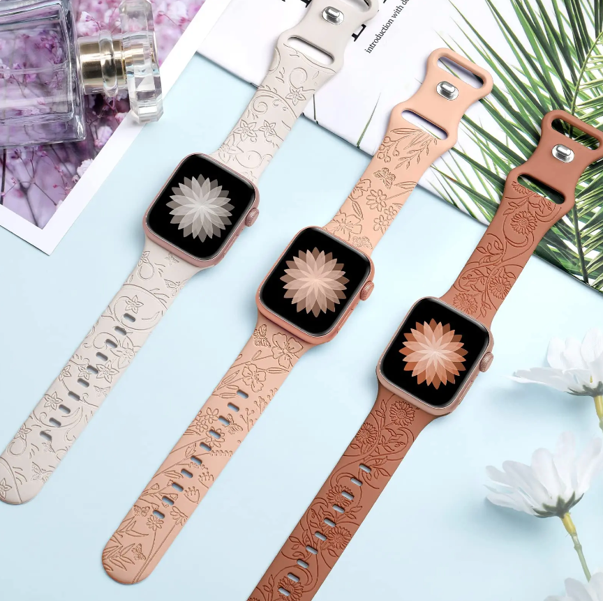 Strap For Apple Watch Band 44mm 42mm 41mm 40mm 45mm 49mm 44 mm Floral Engraved bracelet correa iwatch series 9 7 SE 6 8 Ultra 2