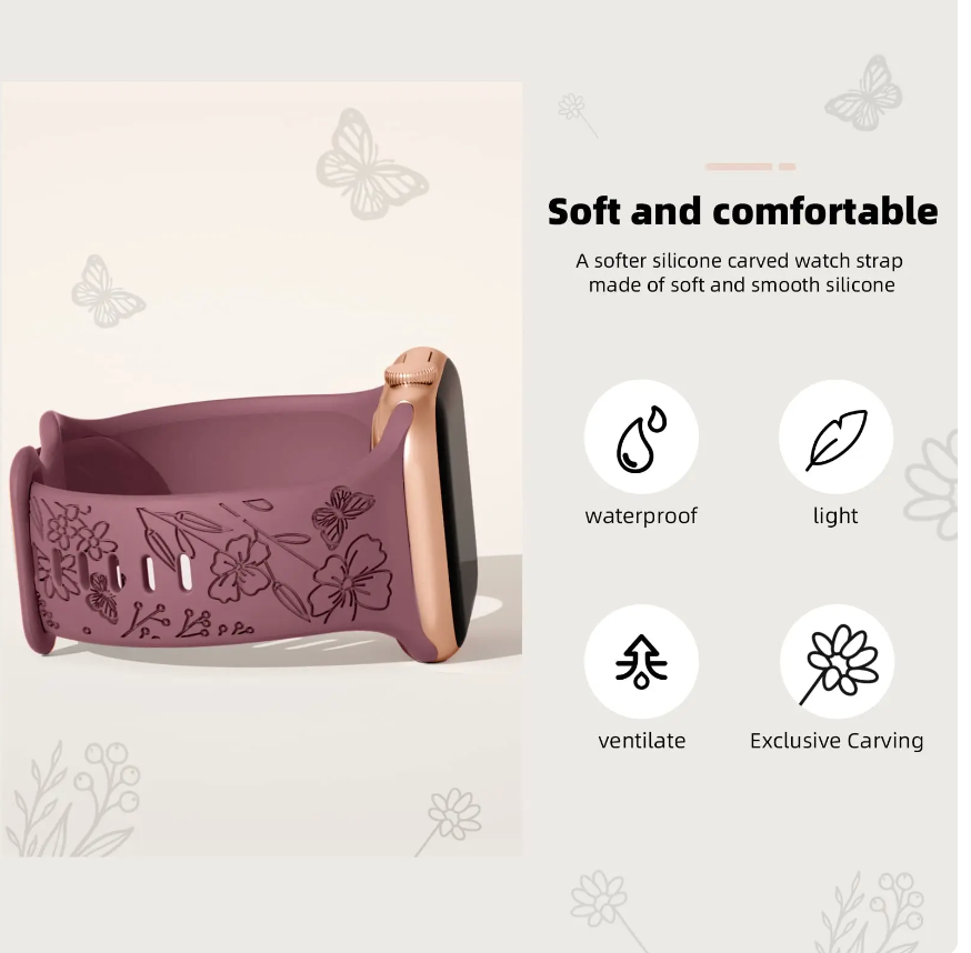 Strap For Apple Watch Band 44mm 42mm 41mm 40mm 45mm 49mm 44 mm Floral Engraved bracelet correa iwatch series 9 7 SE 6 8 Ultra 2