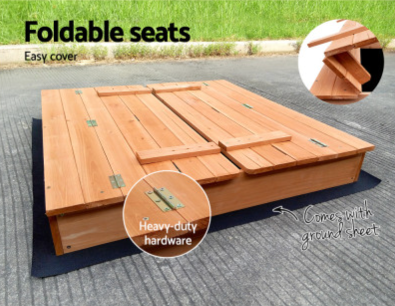 Keezi Kids Sandpit Wooden Sandbox Sand Pit Foldable Seat Outdoor Beach Toys 90cm