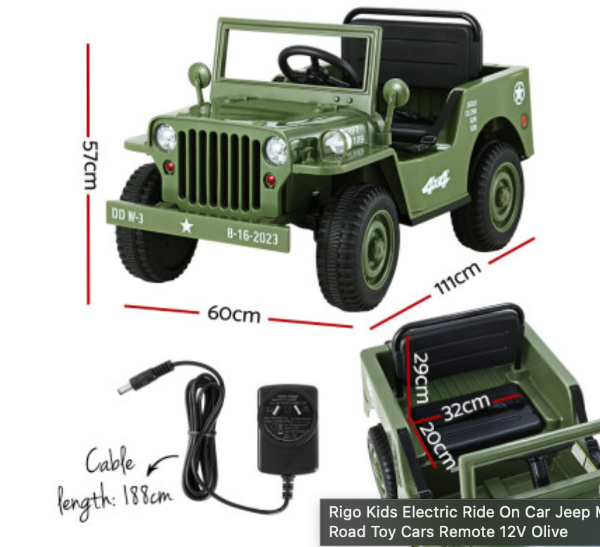 Rigo Kids Electric Ride On Car Jeep Military Off Road Toy Cars Remote 12V Olive and black