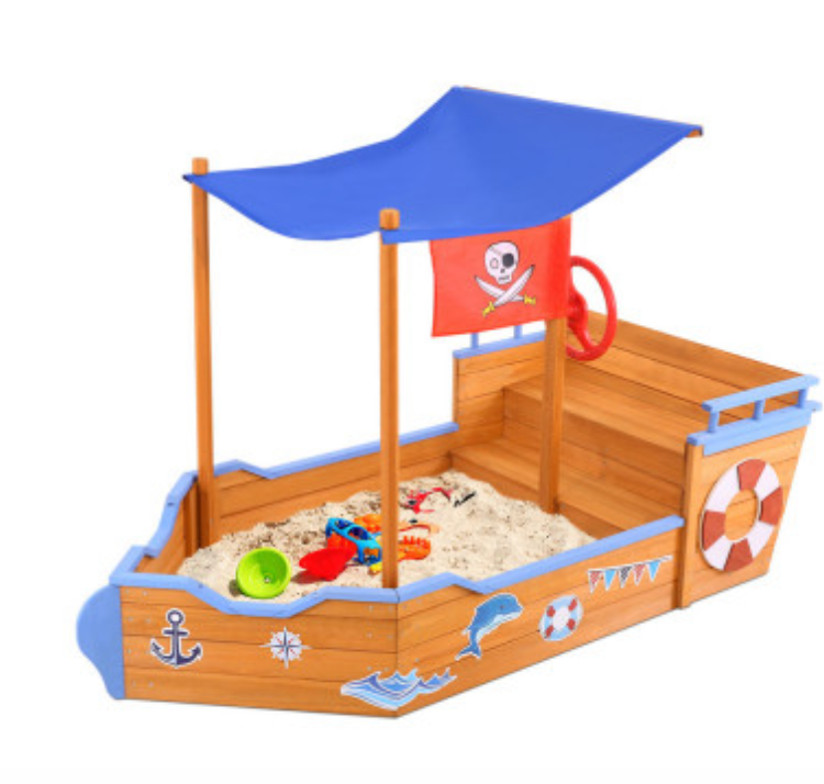 Keezi Kids Sandpit Wooden Boat Sand Pit with Canopy Bench Seat Beach Toys 165cm