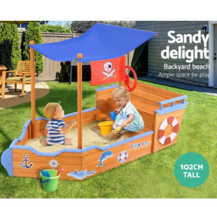 Keezi Kids Sandpit Wooden Boat Sand Pit with Canopy Bench Seat Beach Toys 165cm