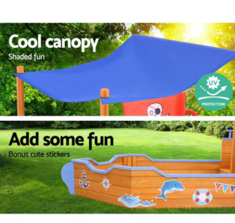 Keezi Kids Sandpit Wooden Boat Sand Pit with Canopy Bench Seat Beach Toys 165cm