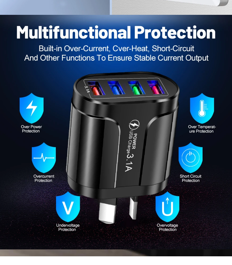 Australian USB Fast Charger AU Plug Quick Charger Mobile Phone Charger 3.1A Multiple 4 Ports USB Travel Adapter Wall Charger