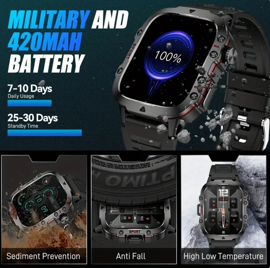 Military Outdoor Men's Smart Watch Fitness Track Weather AI Voice 100+ Sports Modes 420mAh SmartWatch New 2023 For Android IOS