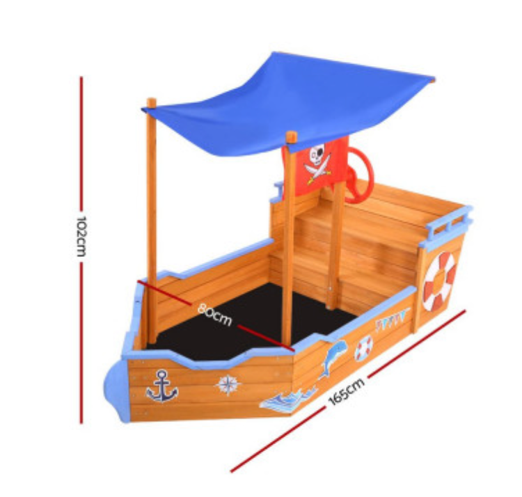 Keezi Kids Sandpit Wooden Boat Sand Pit with Canopy Bench Seat Beach Toys 165cm
