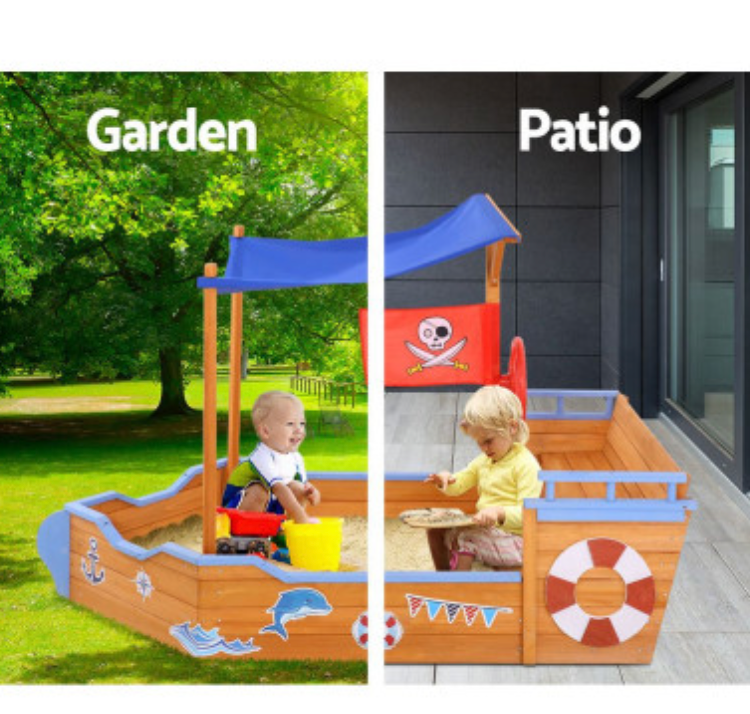 Keezi Kids Sandpit Wooden Boat Sand Pit with Canopy Bench Seat Beach Toys 165cm