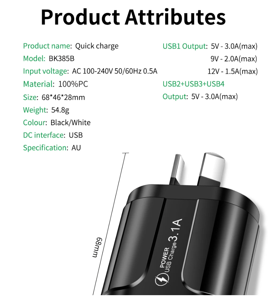 Australian USB Fast Charger AU Plug Quick Charger Mobile Phone Charger 3.1A Multiple 4 Ports USB Travel Adapter Wall Charger